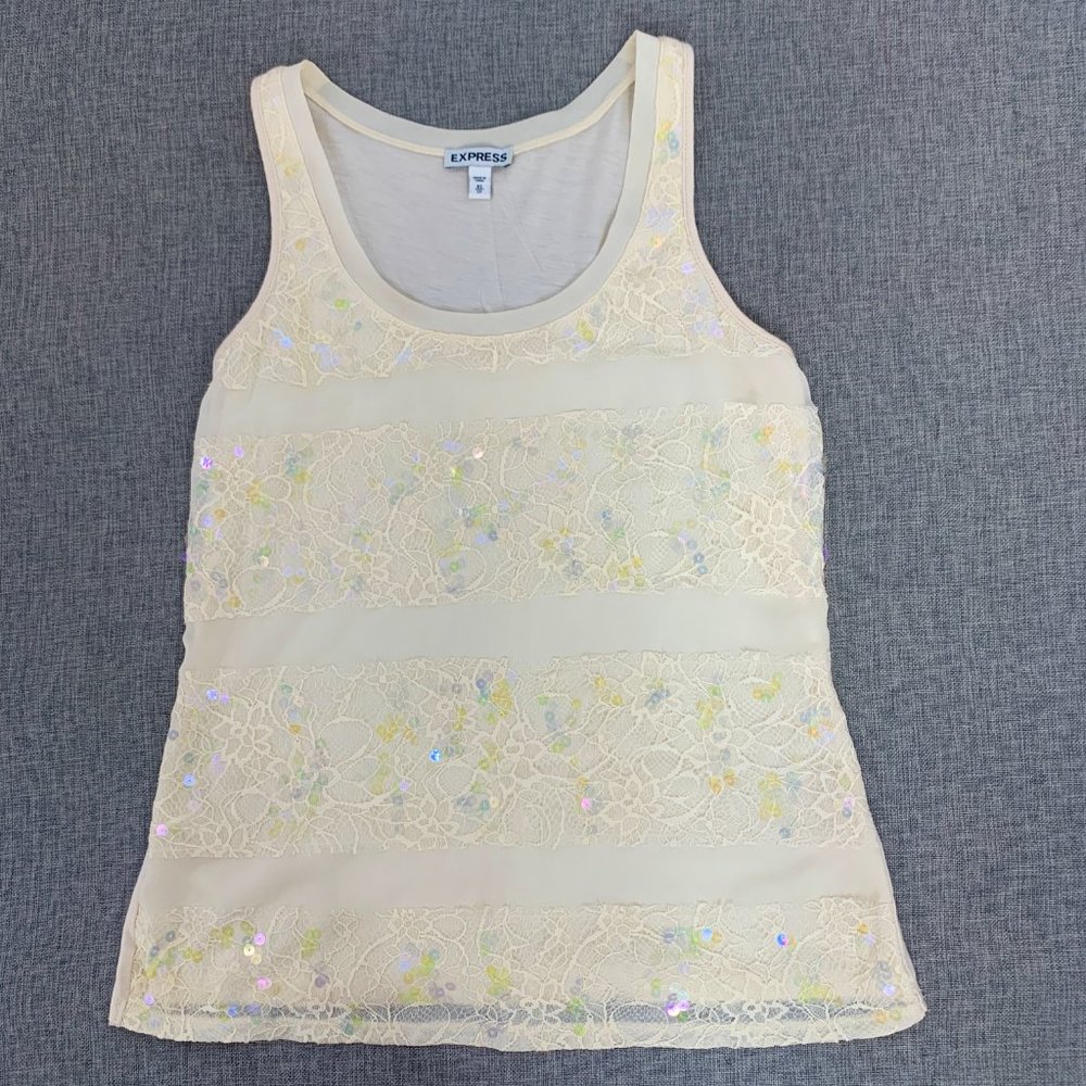 Express Ivory Sequin Tank Top Floral Lace Detail XS Scoop Neckline Cotton Poly